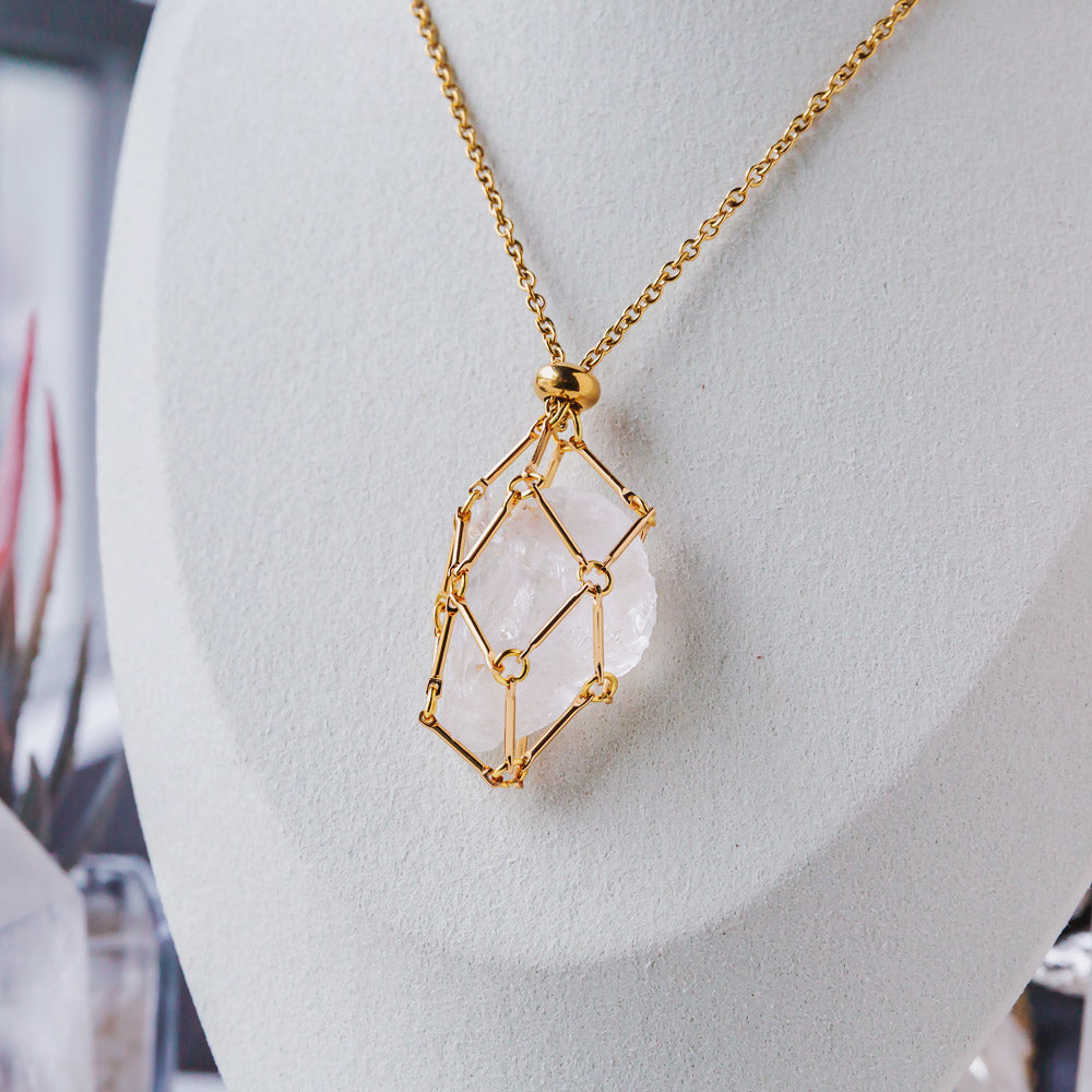 Reikistal Gold Natural Crystal Net Metal Bamboo Necklace【Point/Tumbled】