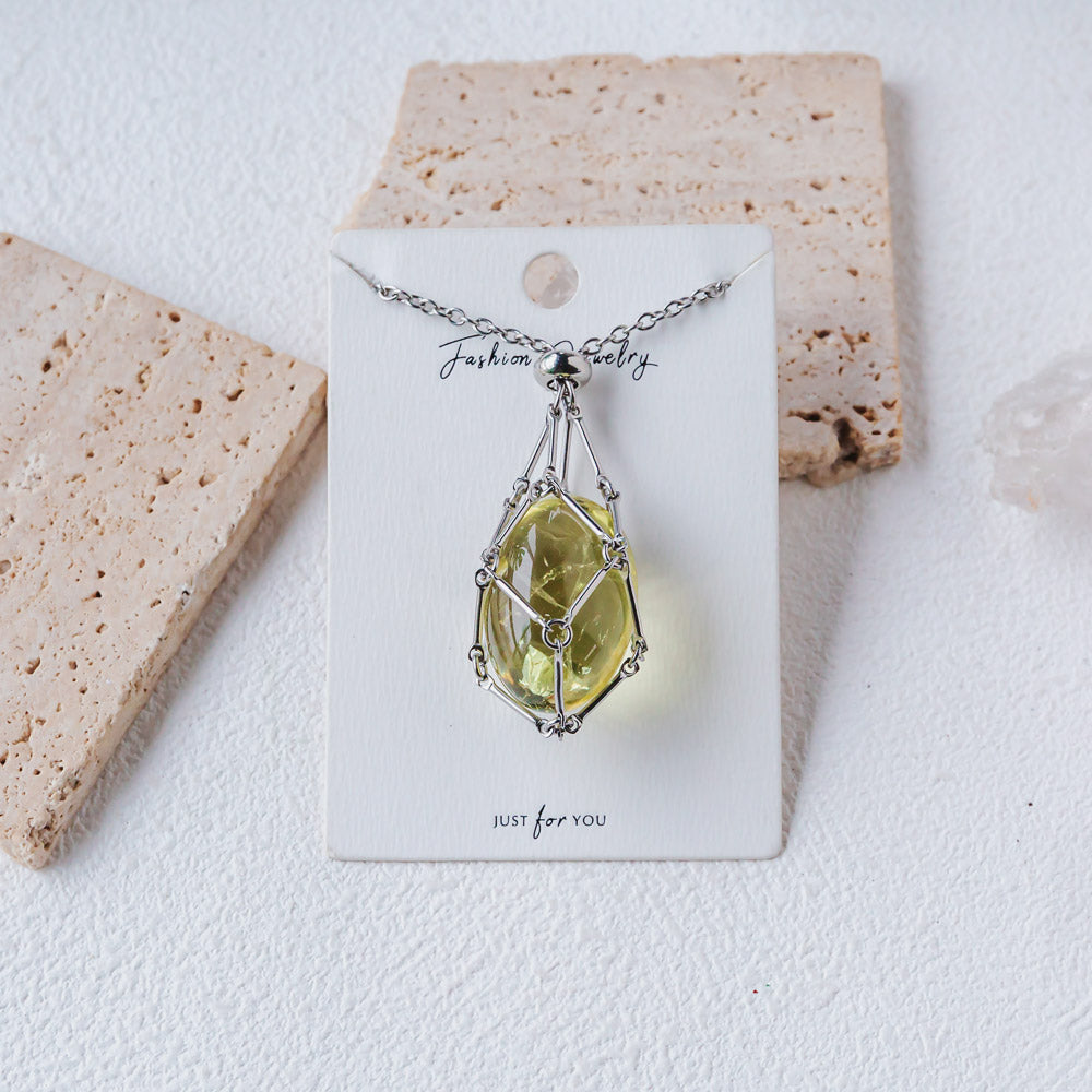 【Silver】Natural Crystal Net Metal Bamboo Necklace Woven Pendant