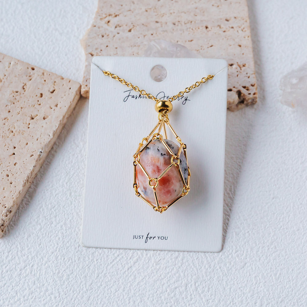 Reikistal Gold Natural Crystal Net Metal Bamboo Necklace【Point/Tumbled】