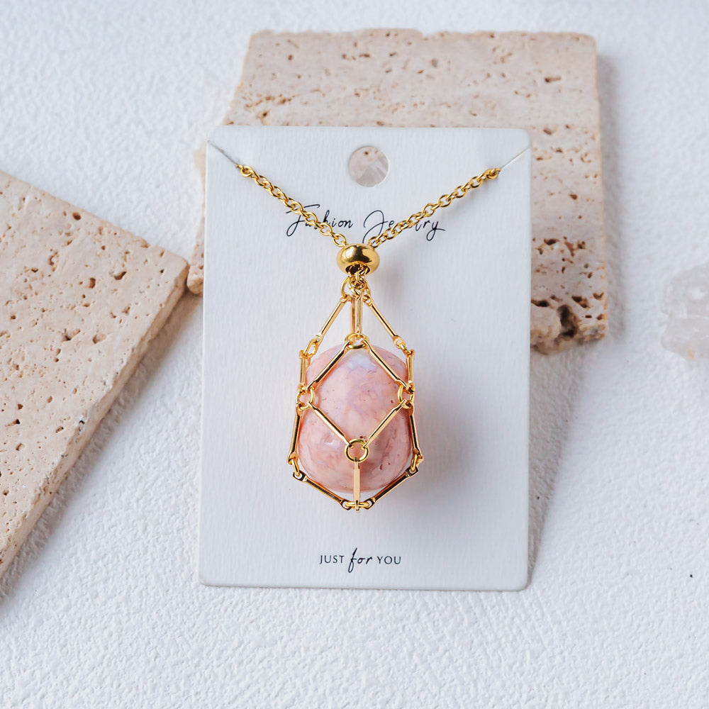 Reikistal Gold Natural Crystal Net Metal Bamboo Necklace【Point/Tumbled】