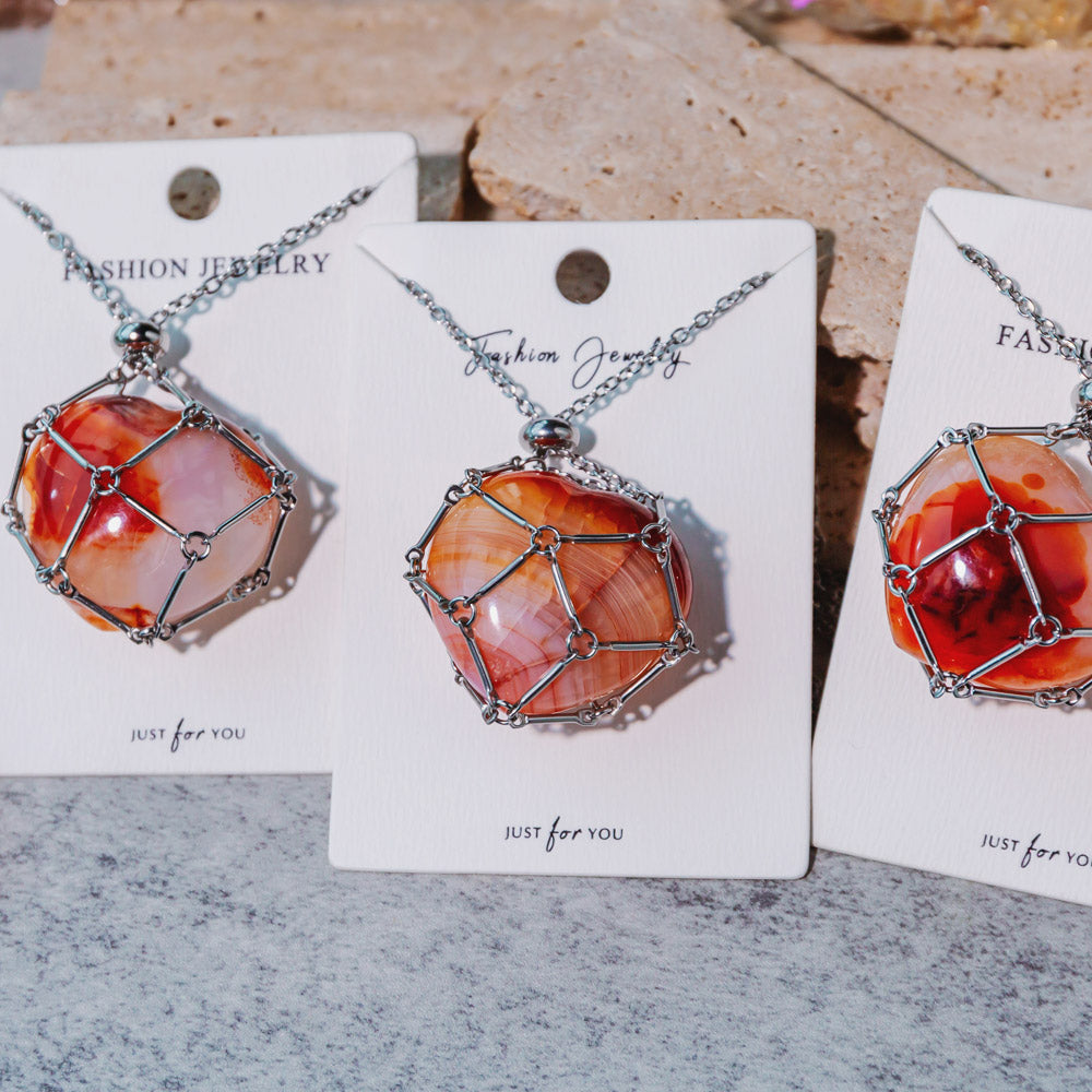 Reikistal Natural Crystal Net Metal Bamboo Necklace Woven Pendant 【Carnelian Heart】