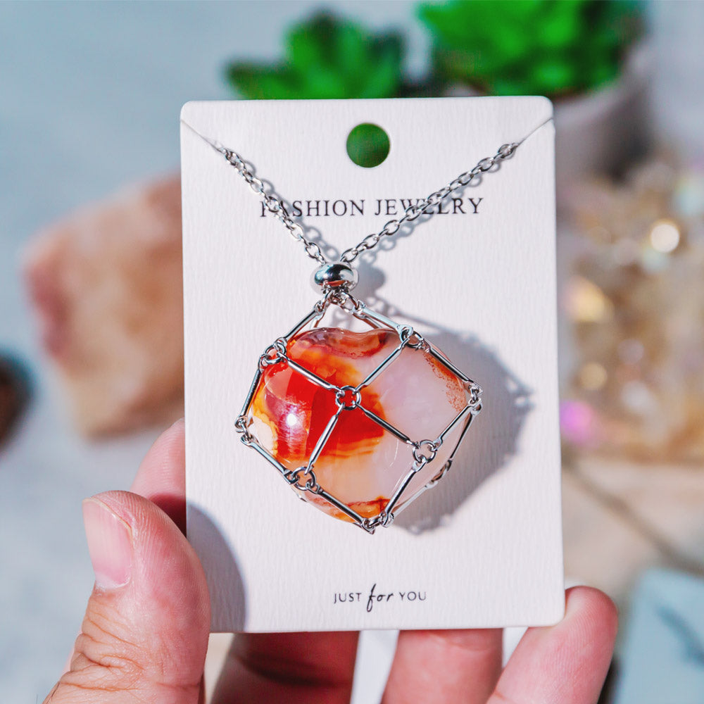 Reikistal Natural Crystal Net Metal Bamboo Necklace Woven Pendant 【Carnelian Heart】