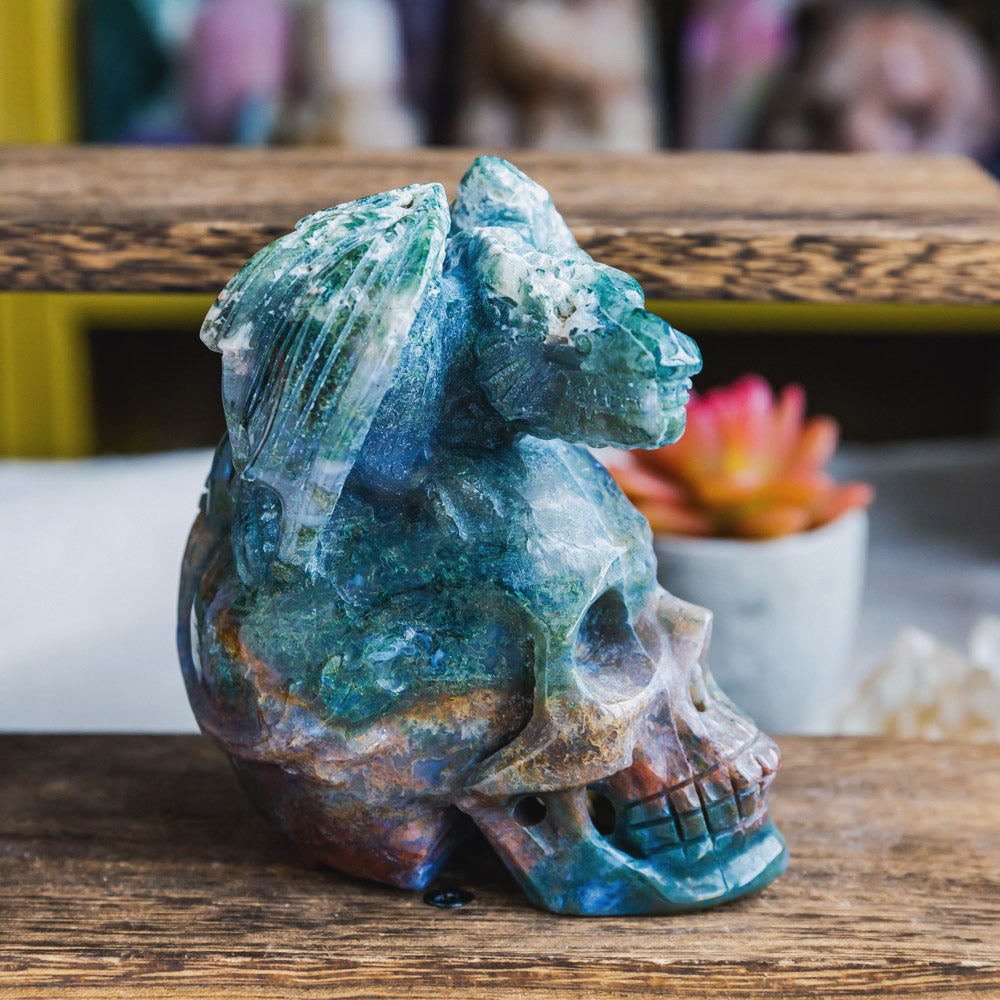 Reikistal Ocean Jasper Skull With Flying Dragon