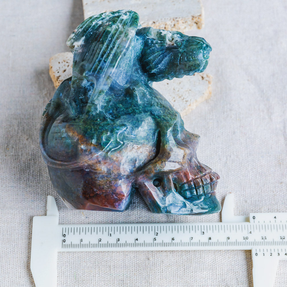Reikistal Ocean Jasper Skull With Flying Dragon