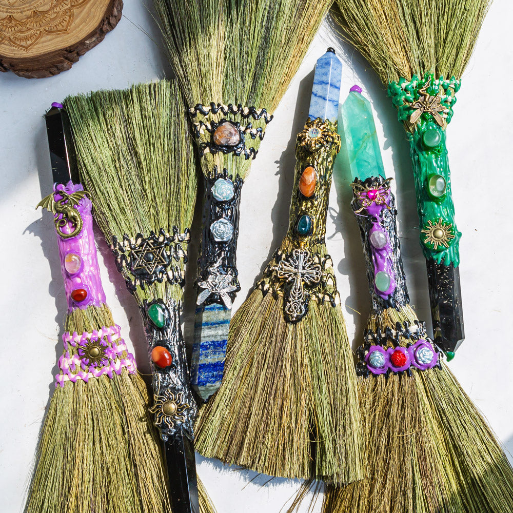 Reikistal Wiccan Broom Crystal Raw Stone Handmade Magic Broom