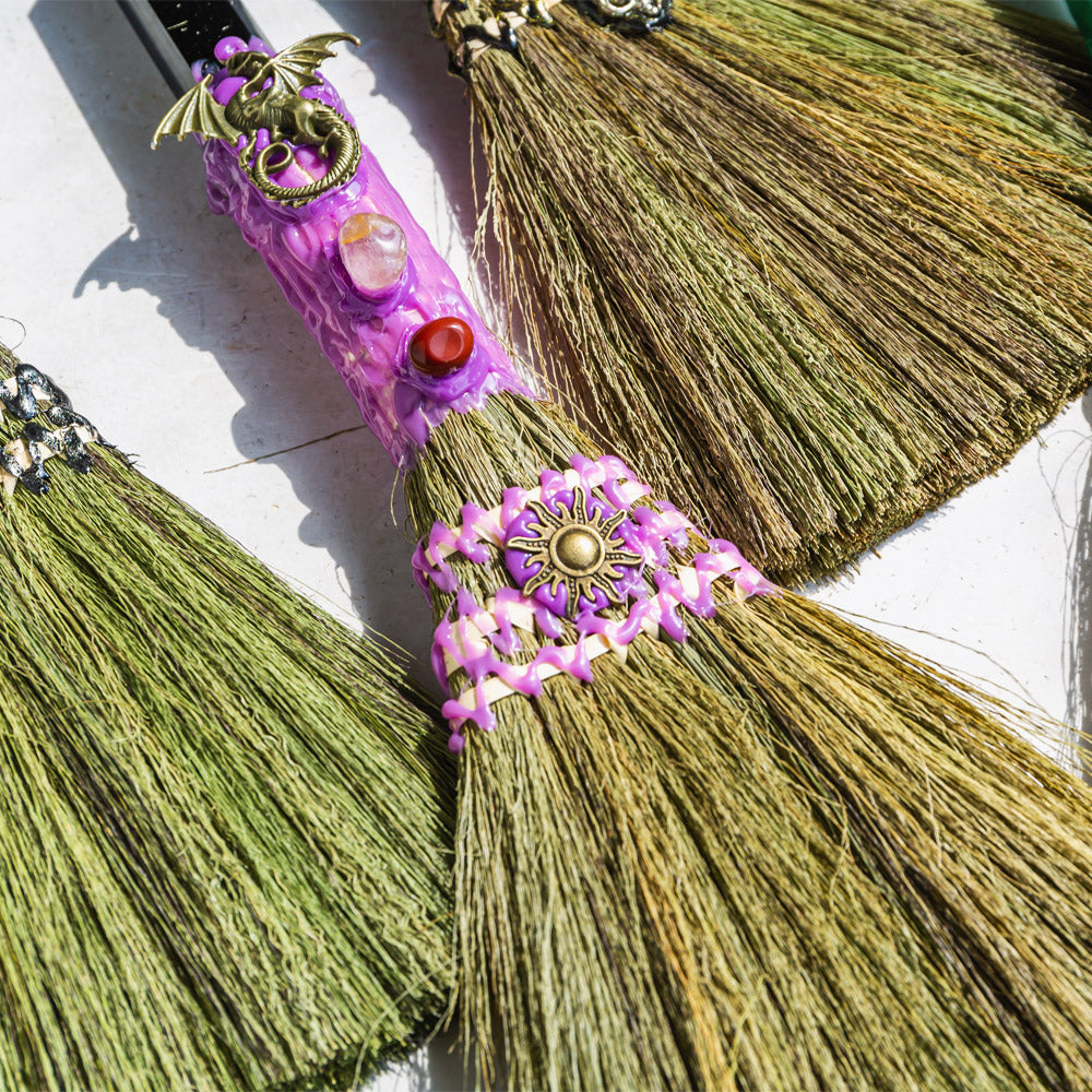 Reikistal Wiccan Broom Crystal Raw Stone Handmade Magic Broom