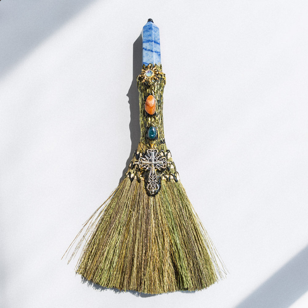 Reikistal Wiccan Broom Crystal Raw Stone Handmade Magic Broom