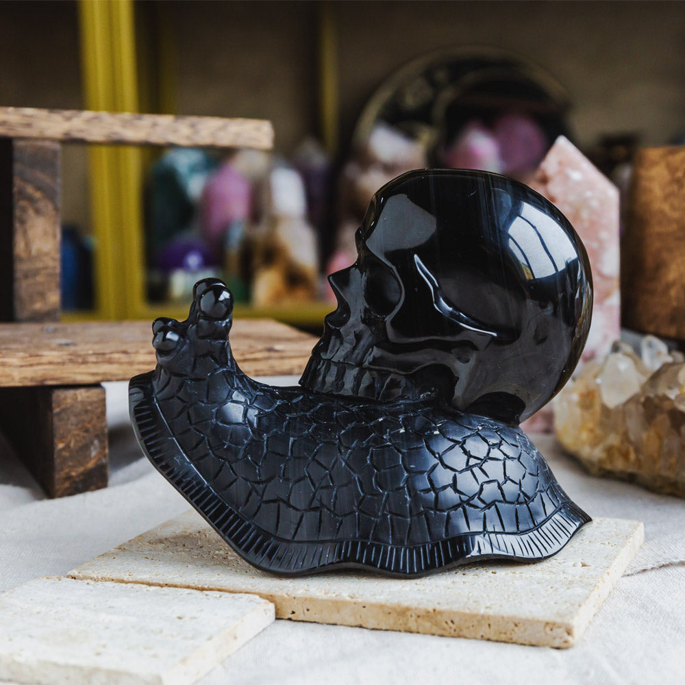 Reikistal Silver Obsidian Skull With Snail