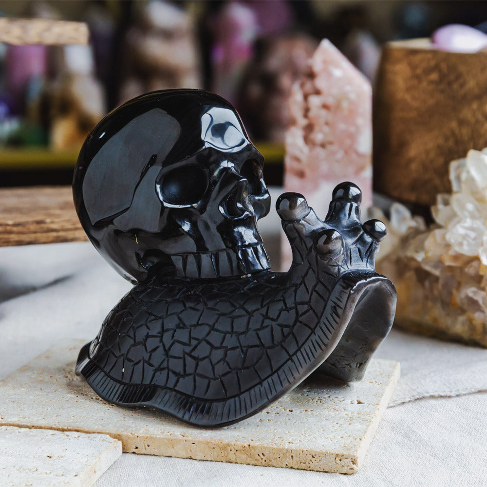 Reikistal Silver Obsidian Skull With Snail