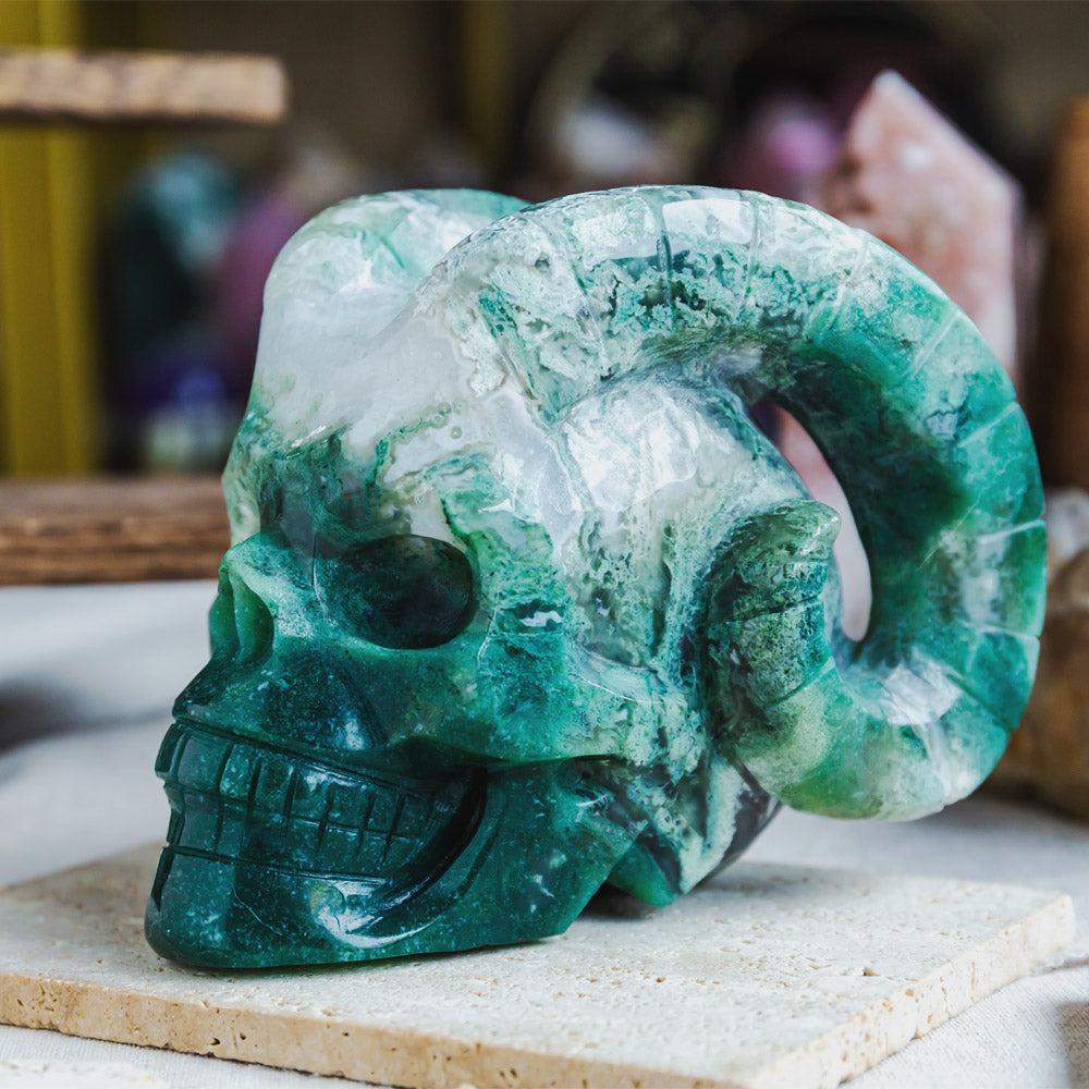 Reikistal Moss Agate Sheep Skull