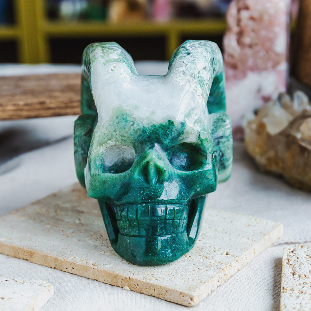 Reikistal Moss Agate Sheep Skull