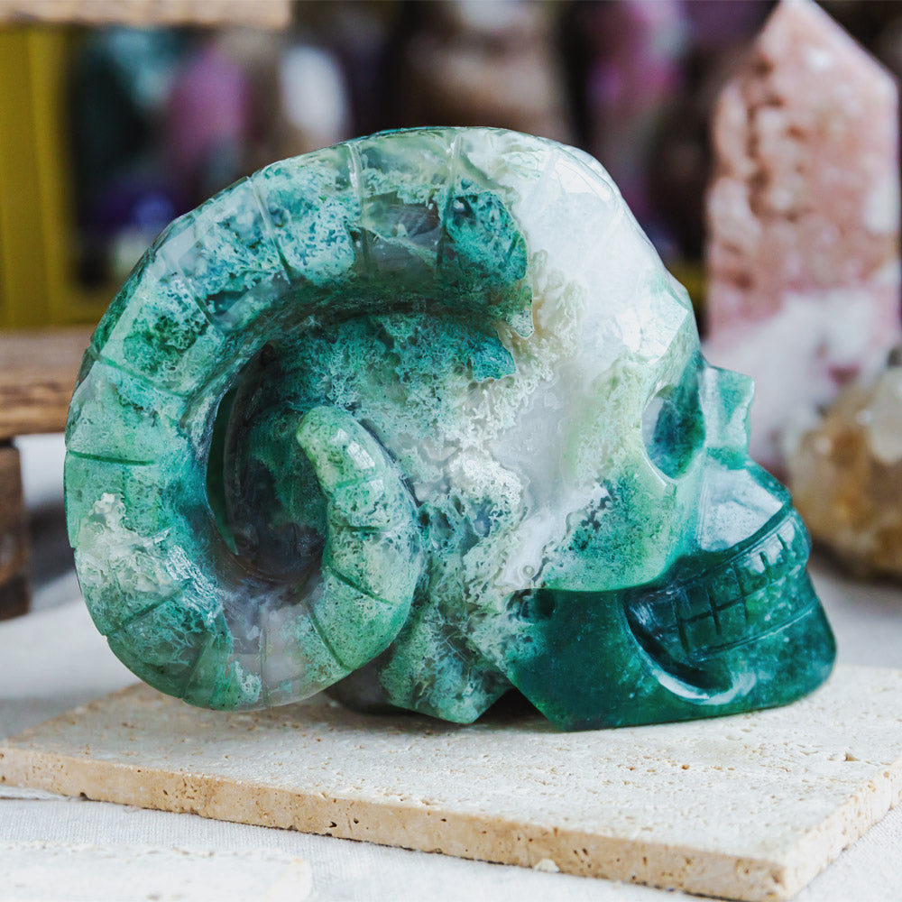 Reikistal Moss Agate Sheep Skull