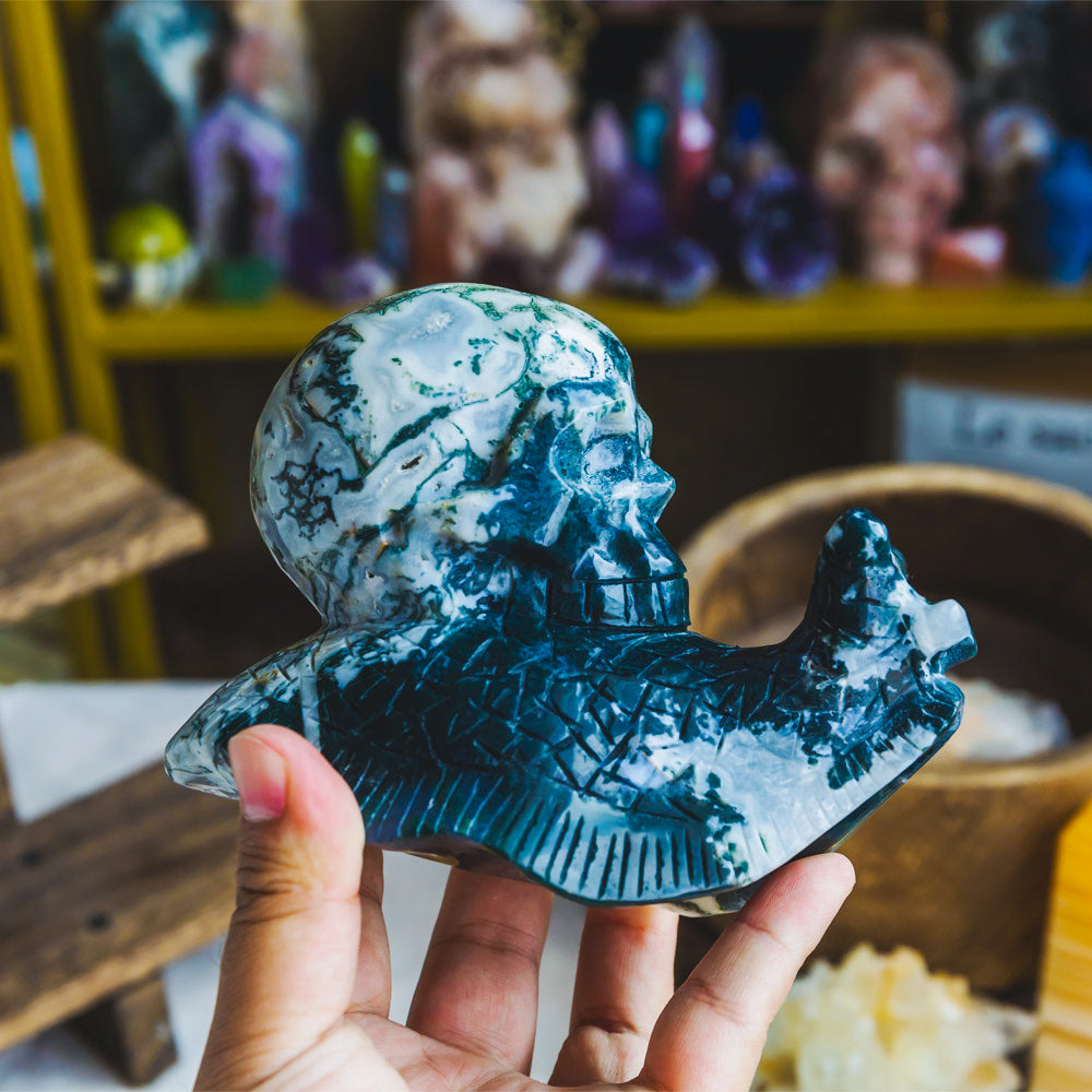 Reikistal Moss Agate Skull With Snail