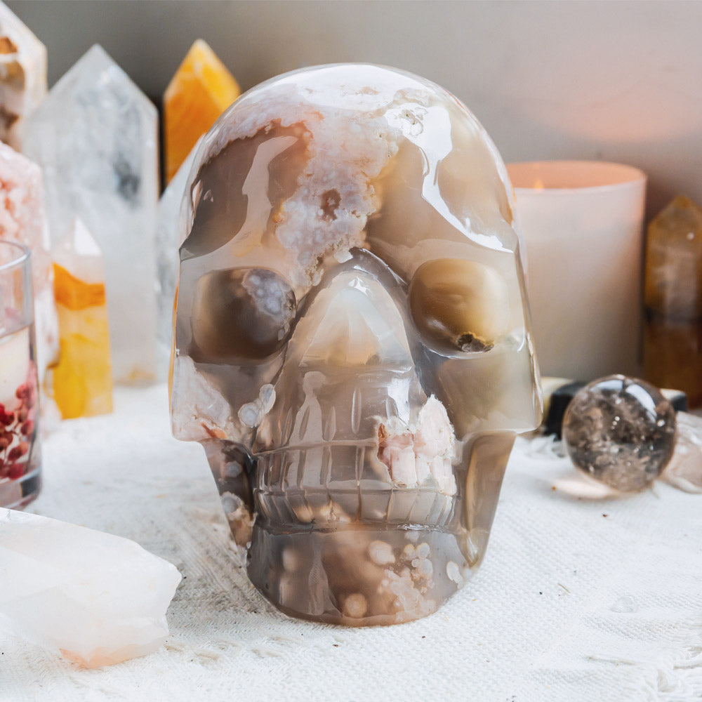 Reikistal 8" Flower Agate Skull