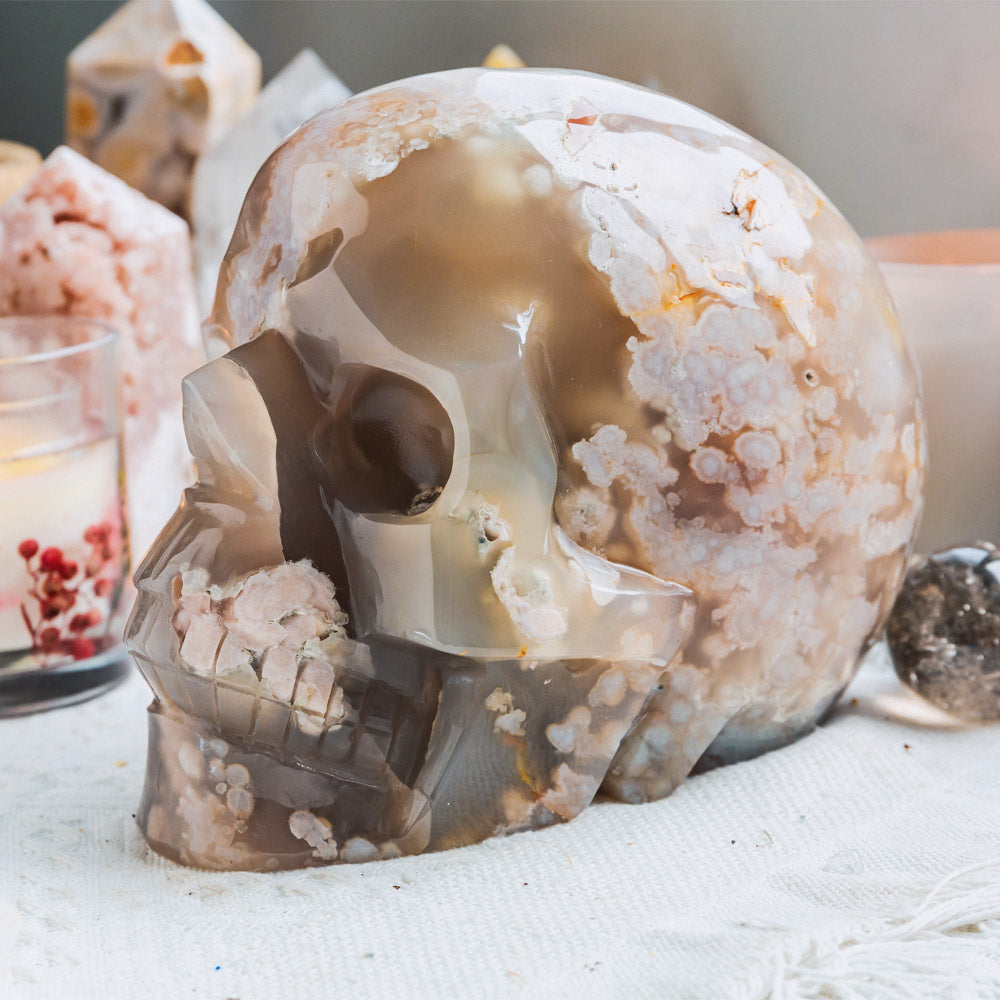 Reikistal 8" Flower Agate Skull