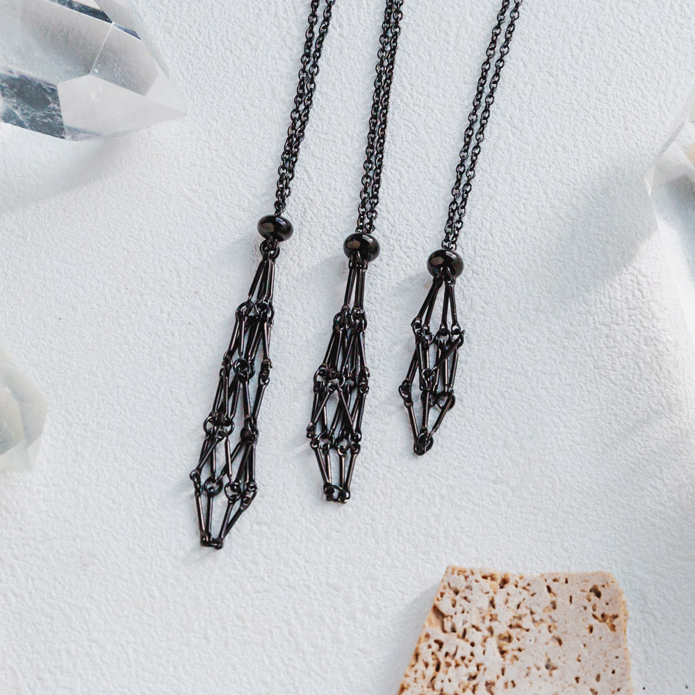 Reikistal Black Net Metal Bamboo Necklace Woven Pendant