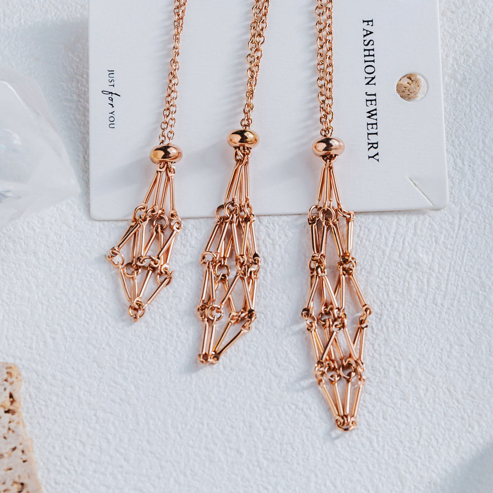 Reikistal Rose Gold Net Metal Bamboo Necklace Woven Pendant