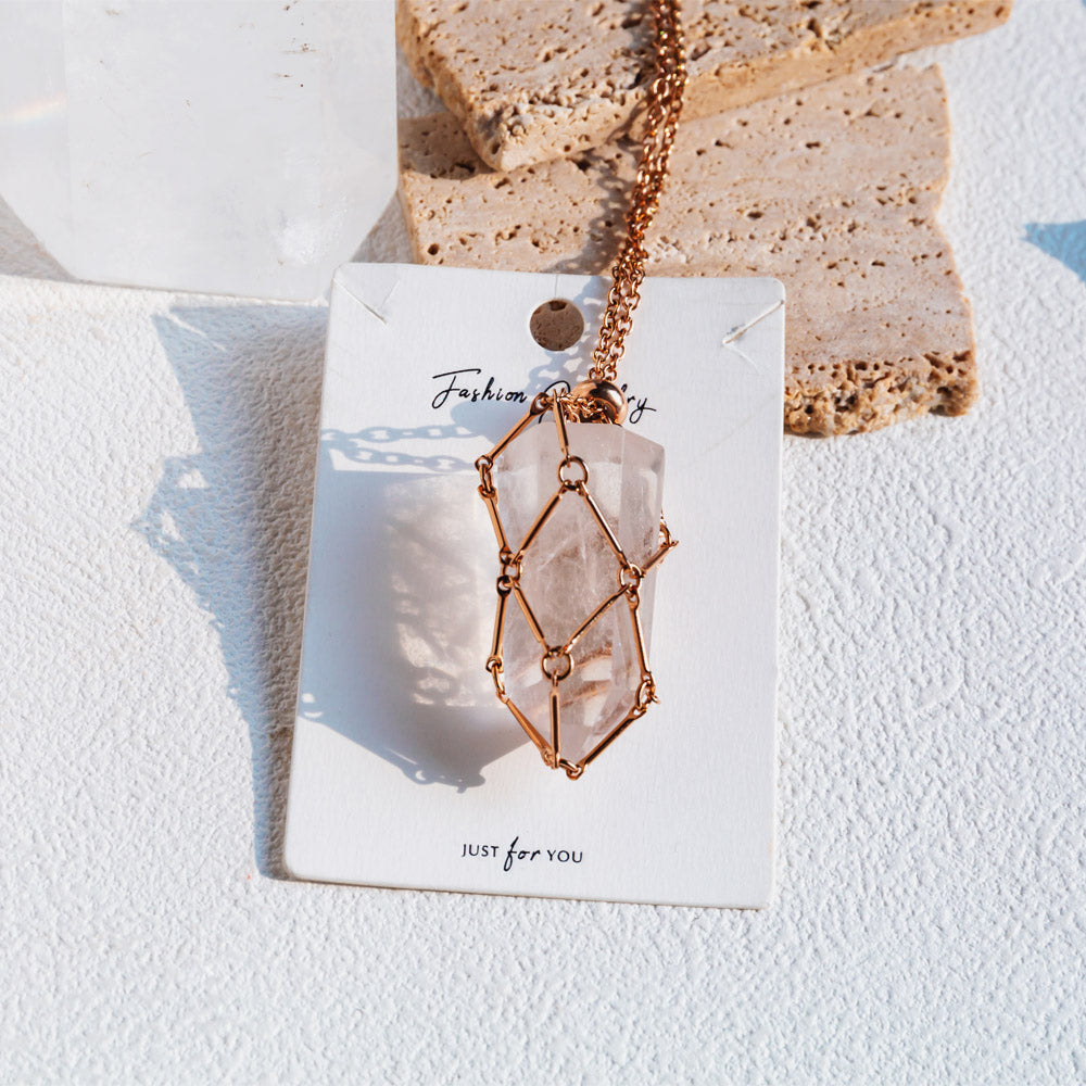 Reikistal Rose Gold Net Metal Bamboo Necklace Woven Pendant
