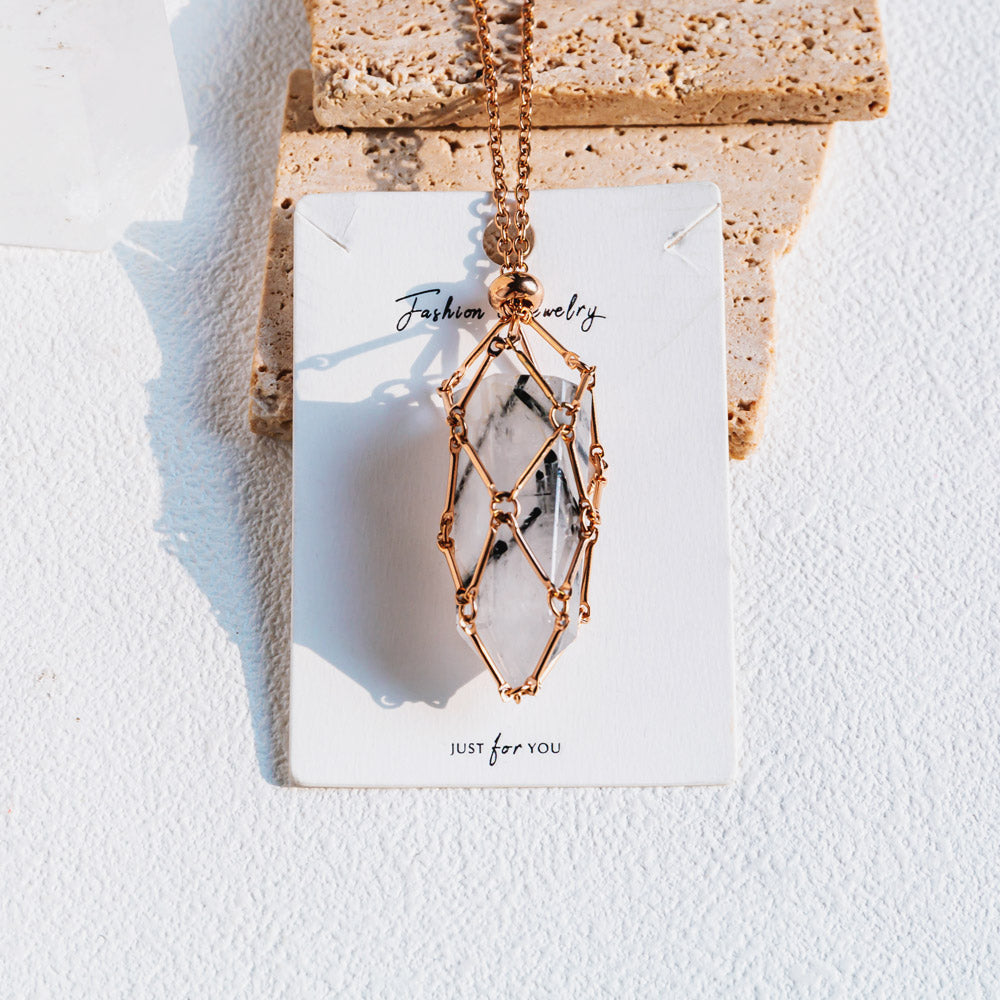 Reikistal Rose Gold Net Metal Bamboo Necklace Woven Pendant