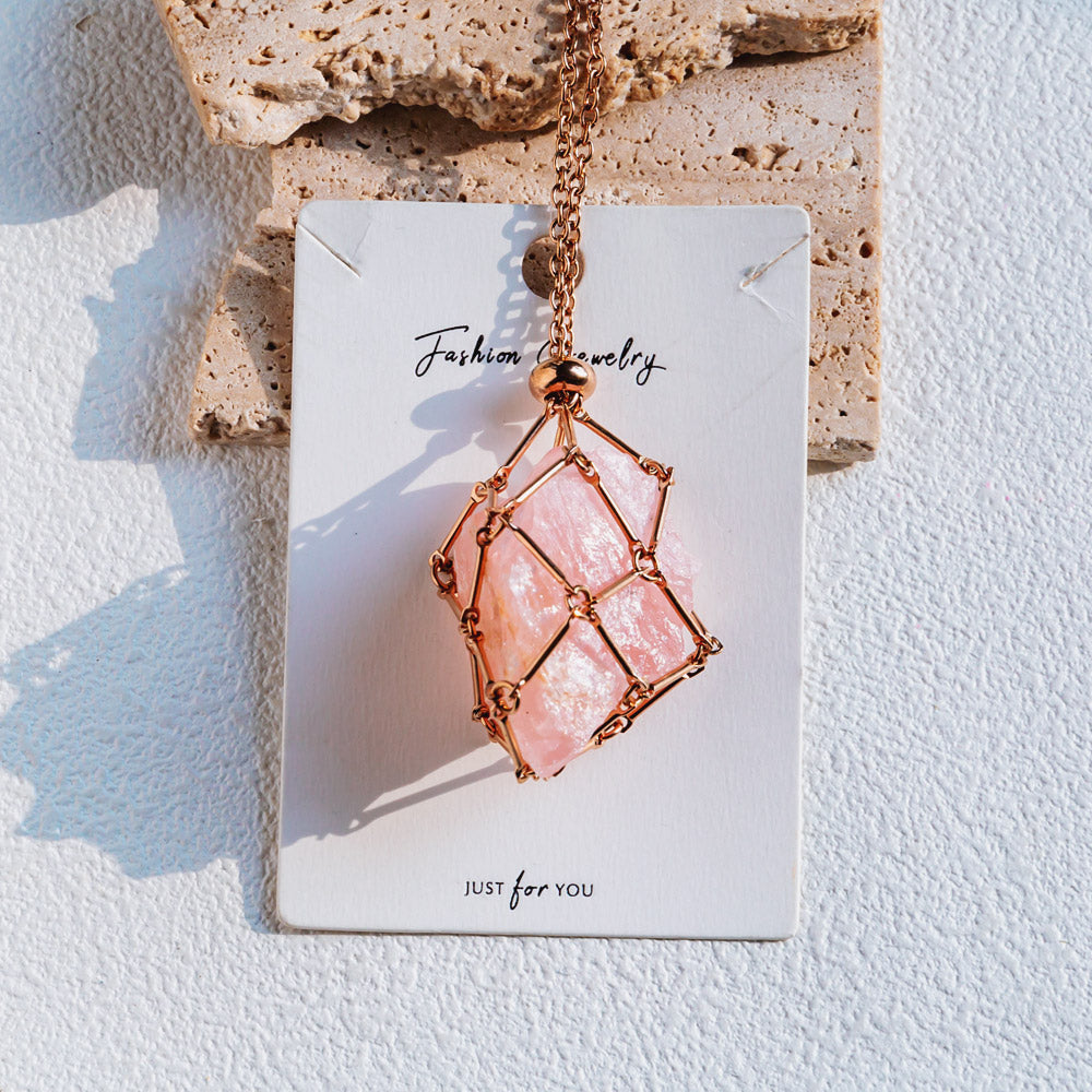 Reikistal Rose Gold Net Metal Bamboo Necklace Woven Pendant