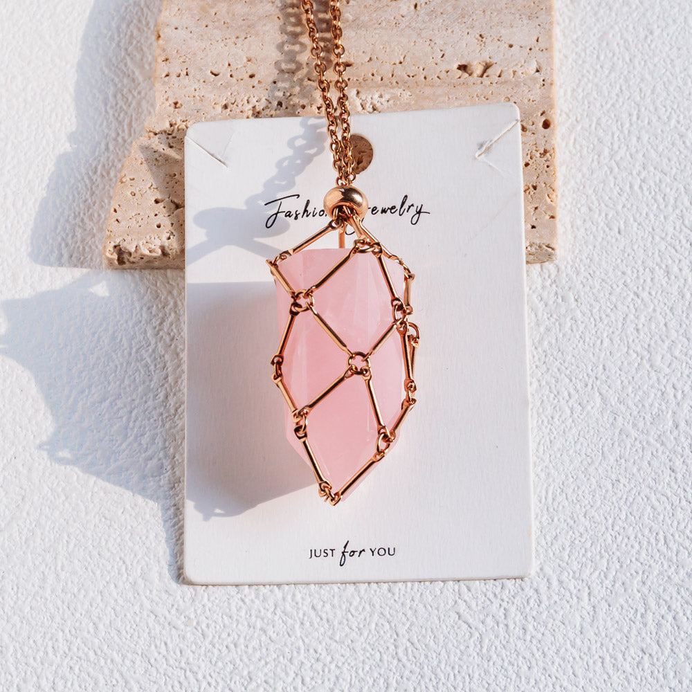 Reikistal Rose Gold Net Metal Bamboo Necklace Woven Pendant