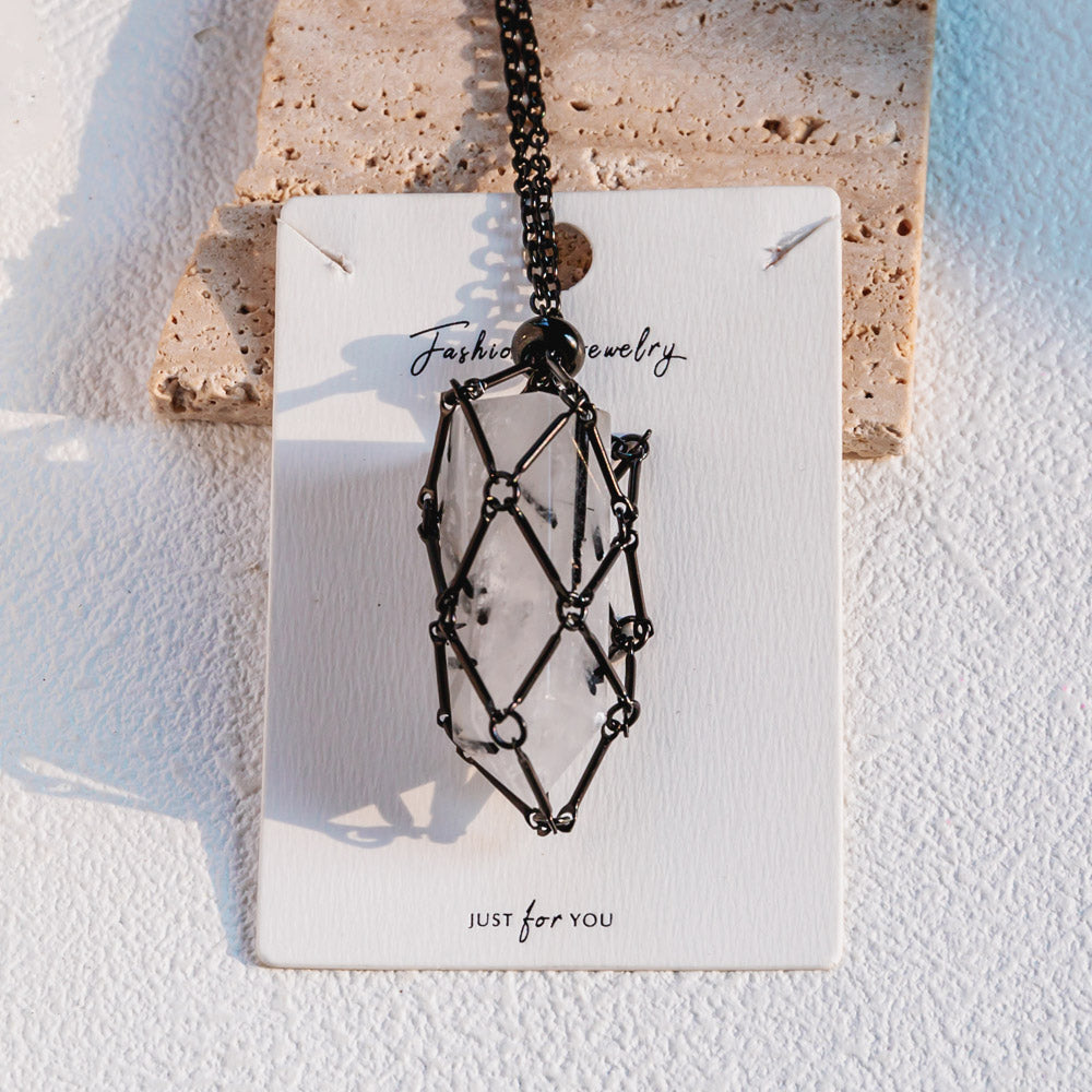 Reikistal Black Net Metal Bamboo Necklace Woven Pendant