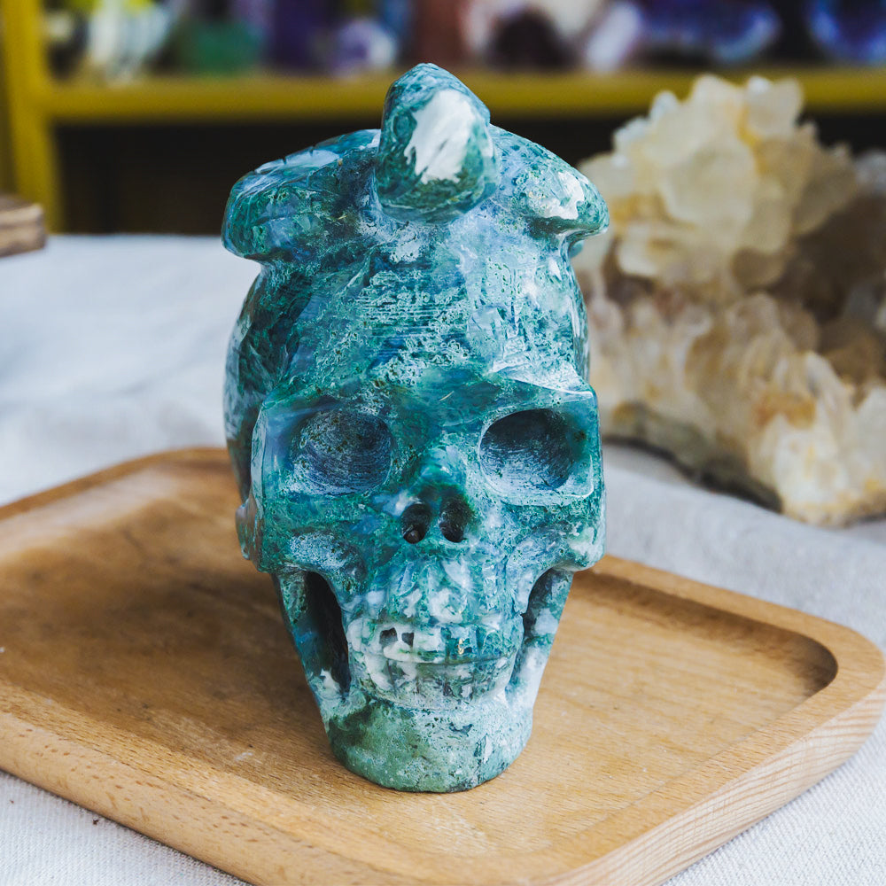 Reikistal Moss Agate Skull With Snake