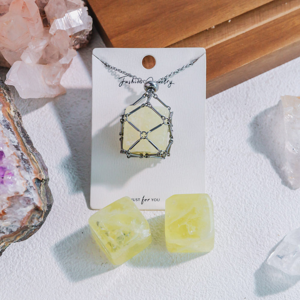 Reikistal Natural Crystal Net Metal Bamboo Necklace【Cube】