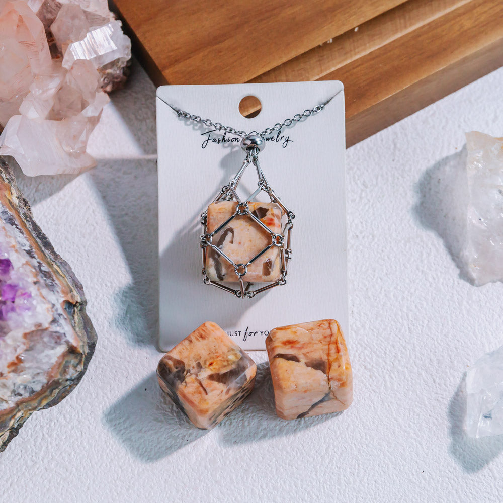 Reikistal Natural Crystal Net Metal Bamboo Necklace【Cube】