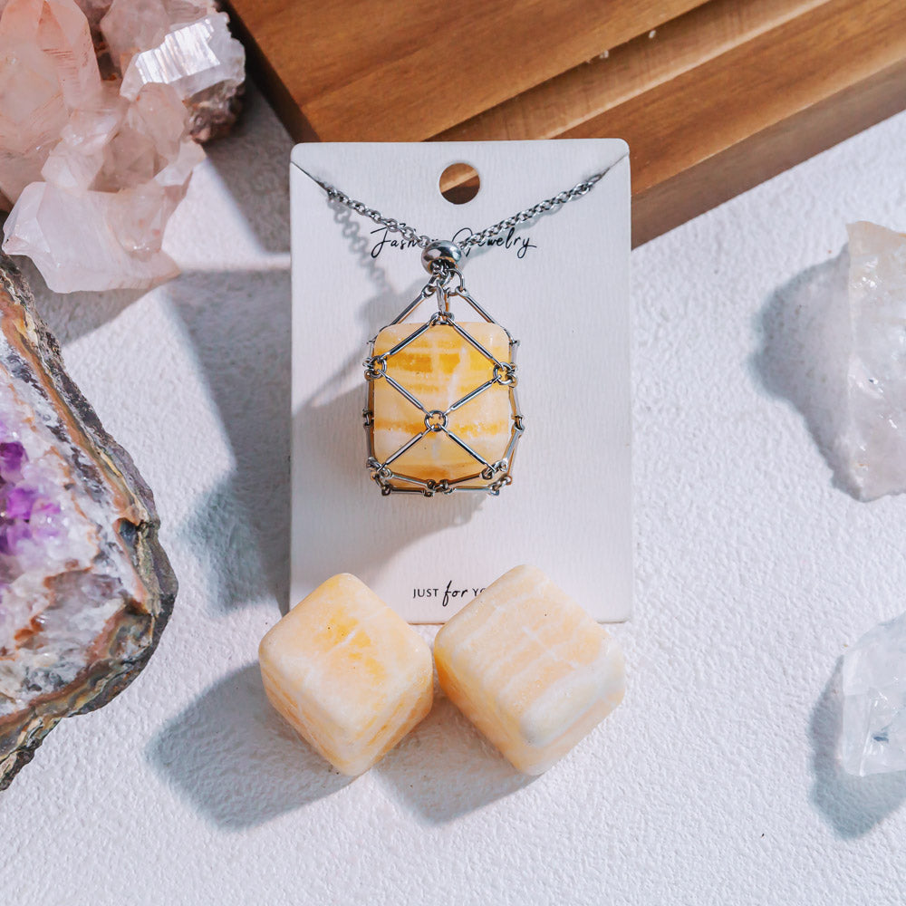 Reikistal Natural Crystal Net Metal Bamboo Necklace【Cube】