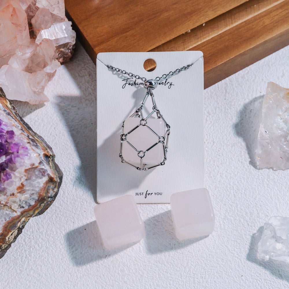 Reikistal Natural Crystal Net Metal Bamboo Necklace【Cube】