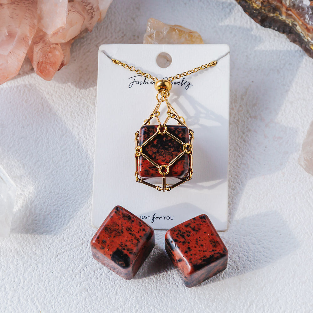 Reikistal Natural Crystal Net Metal Bamboo Necklace【Cube】