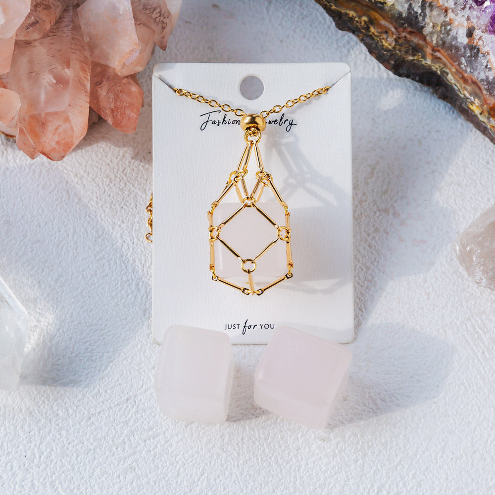 Reikistal Natural Crystal Net Metal Bamboo Necklace【Cube】