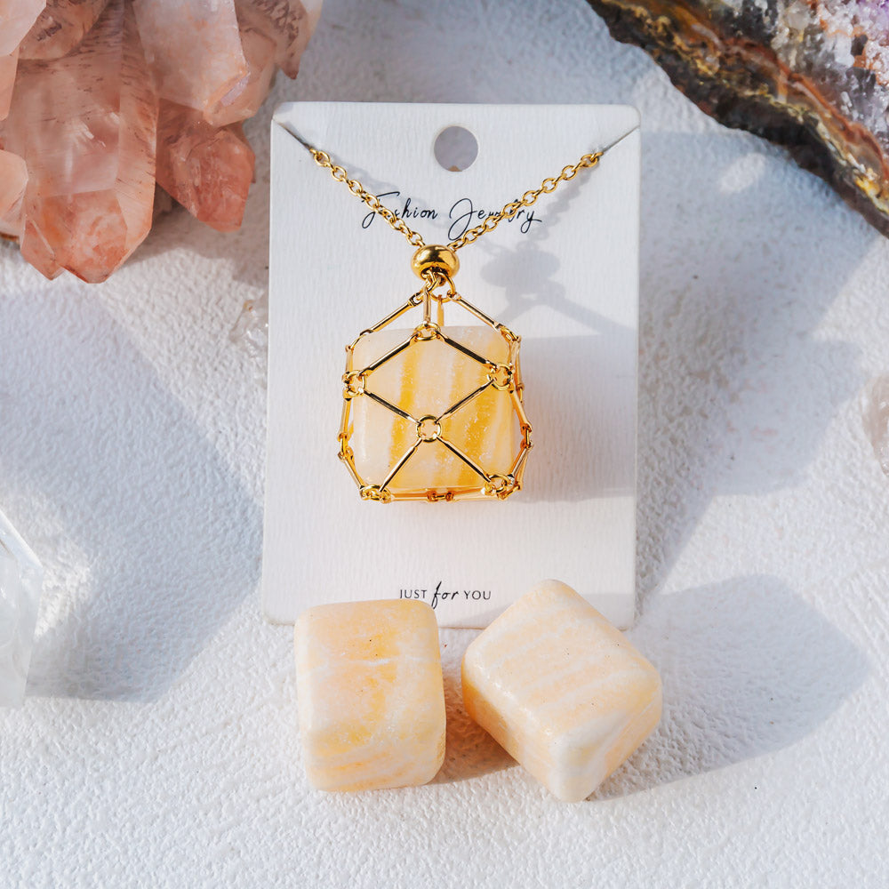 Reikistal Natural Crystal Net Metal Bamboo Necklace【Cube】