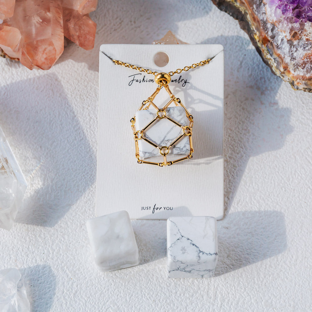 Reikistal Natural Crystal Net Metal Bamboo Necklace【Cube】
