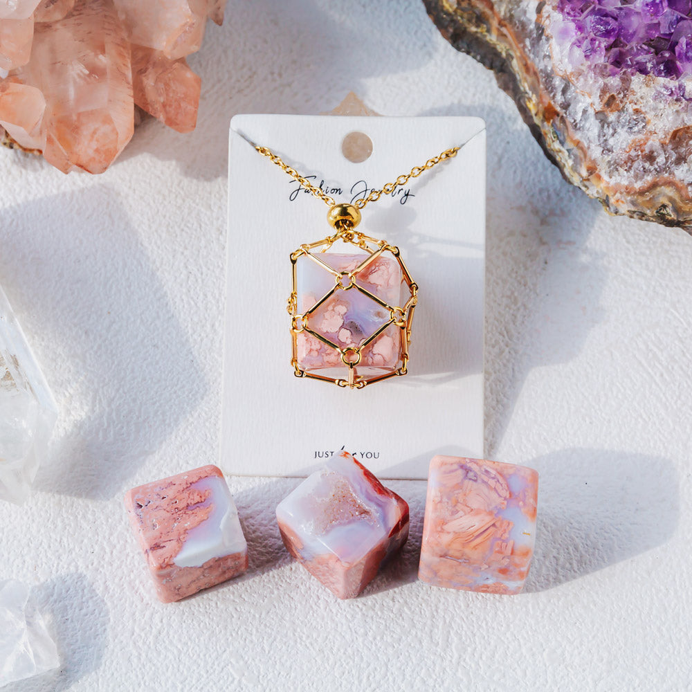 Reikistal Natural Crystal Net Metal Bamboo Necklace【Cube】