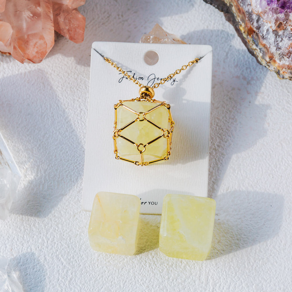 Reikistal Natural Crystal Net Metal Bamboo Necklace【Cube】