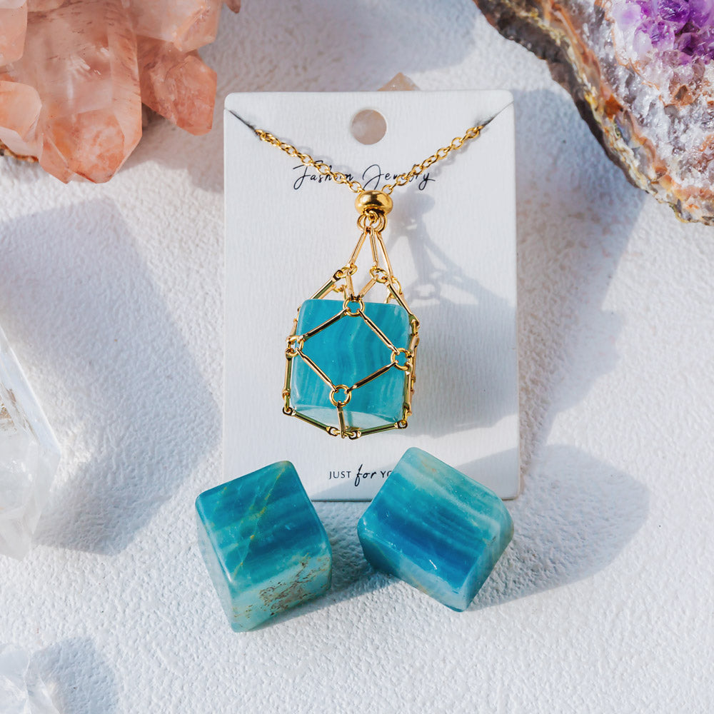 Reikistal Natural Crystal Net Metal Bamboo Necklace【Cube】