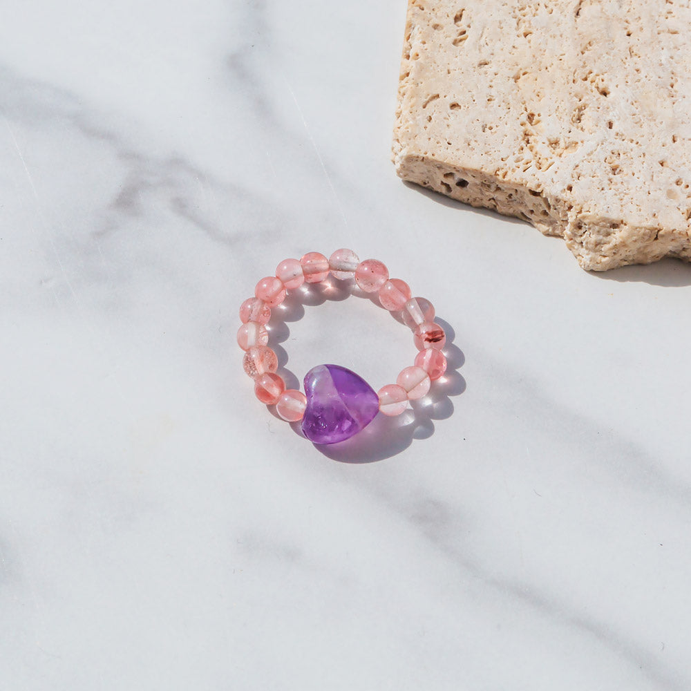 Reikistal Natural Crystal Amethyst Strawberry Quartz Green Aventurine Simple And Versatile Elastic Ring