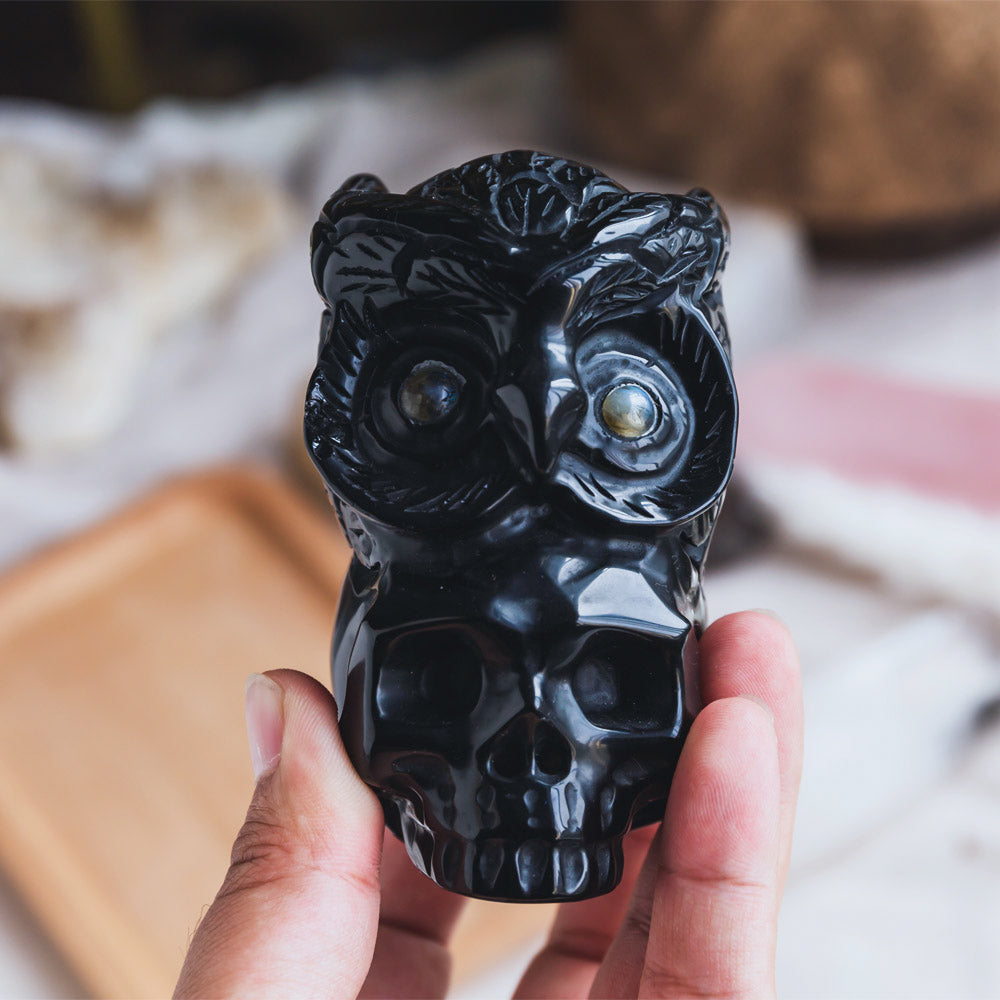 Reikistal Black Obsidian Skull With Owl