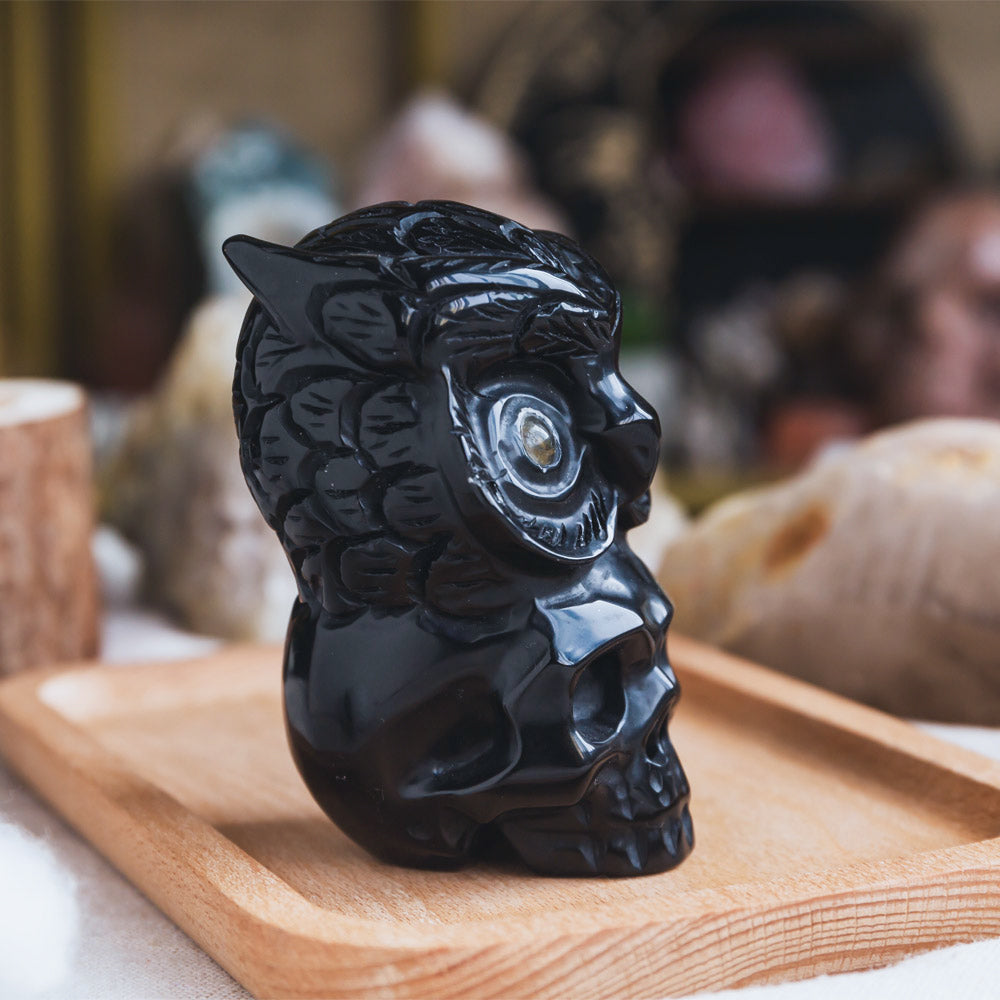 Reikistal Black Obsidian Skull With Owl