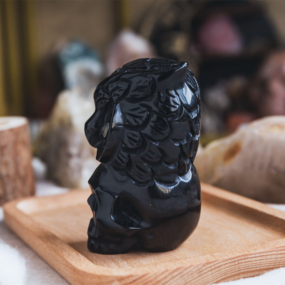 Reikistal Black Obsidian Skull With Owl