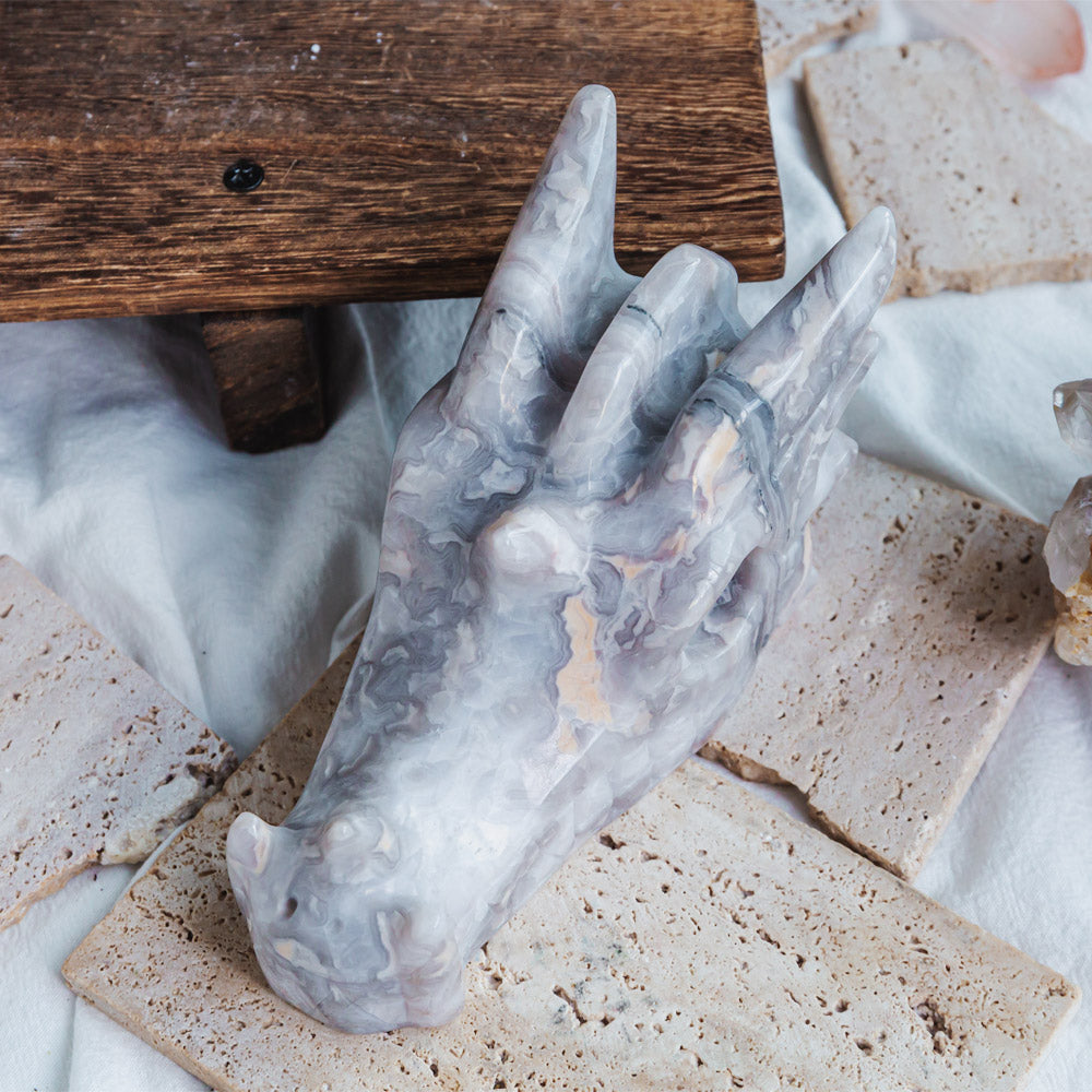 Reikistal White Crazy Lace Agate Dragon Head