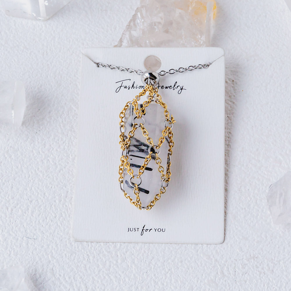 【Golden O Mesh】Natural Crystal Adjustable Necklace【Point/Tumbled】