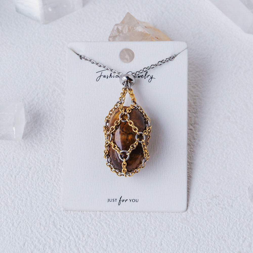 【Golden O Mesh】Natural Crystal Adjustable Necklace【Point/Tumbled】