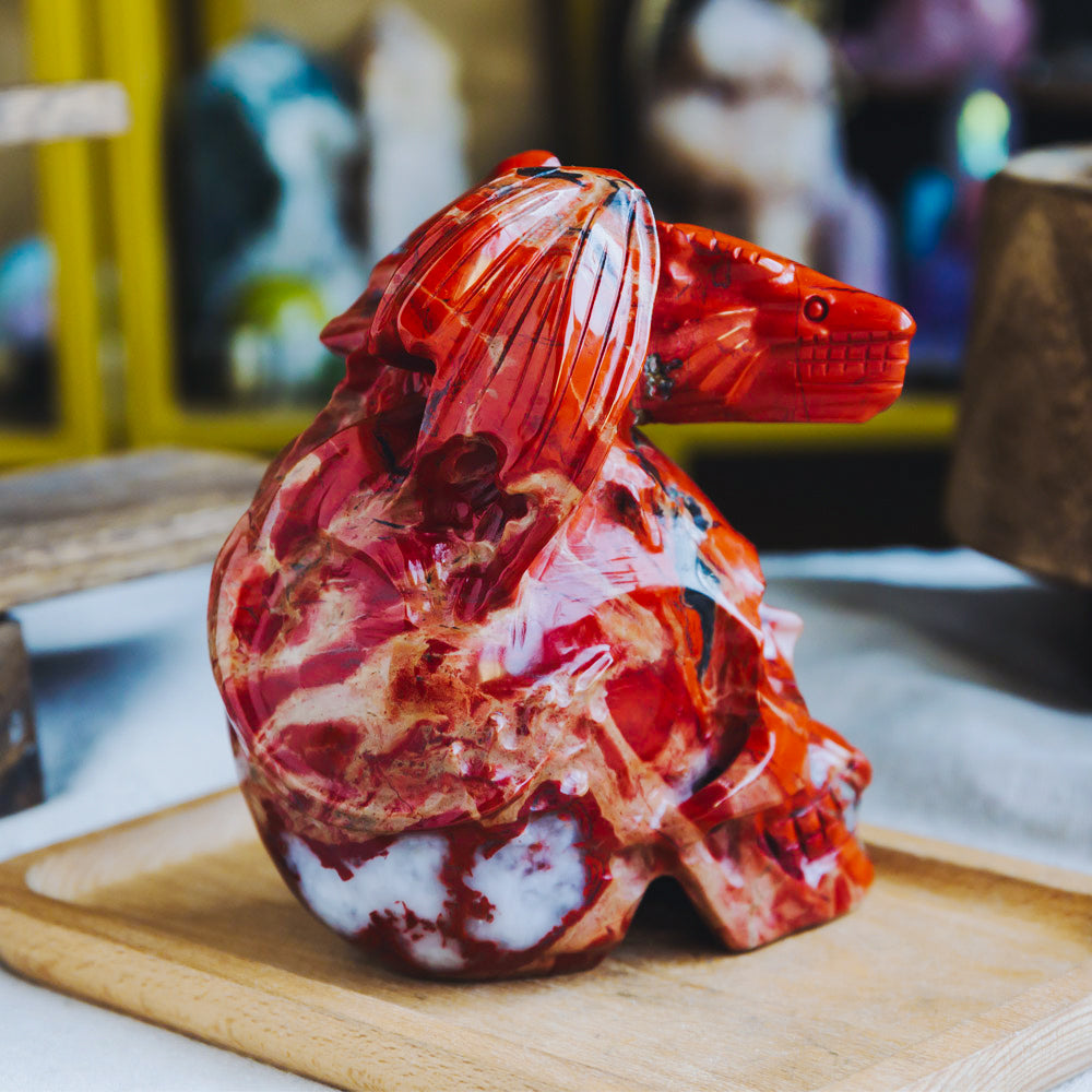 Reikistal Red Jasper Skull With Flying Dragon