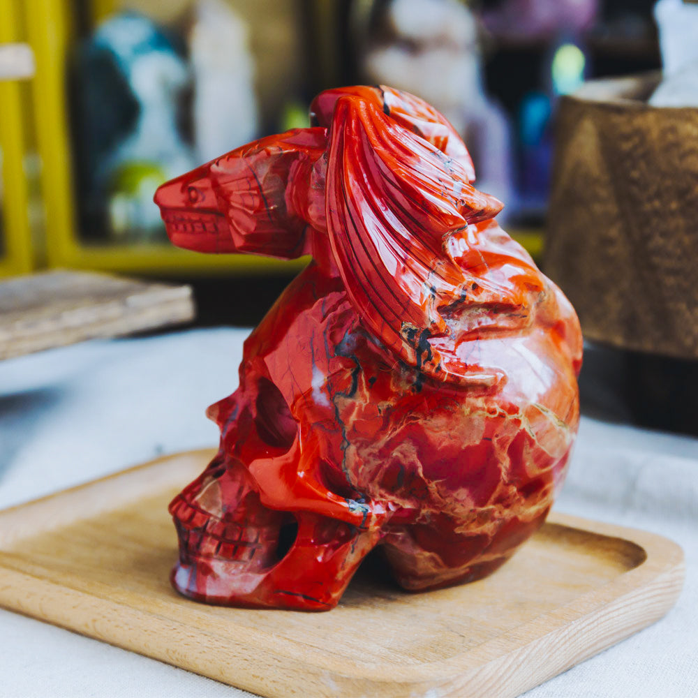 Reikistal Red Jasper Skull With Flying Dragon