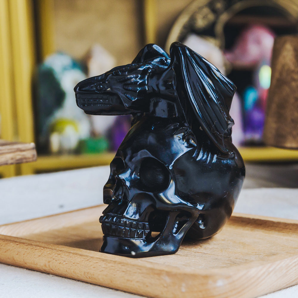 Reikistal Black Obsidian Skull With Flying Dragon