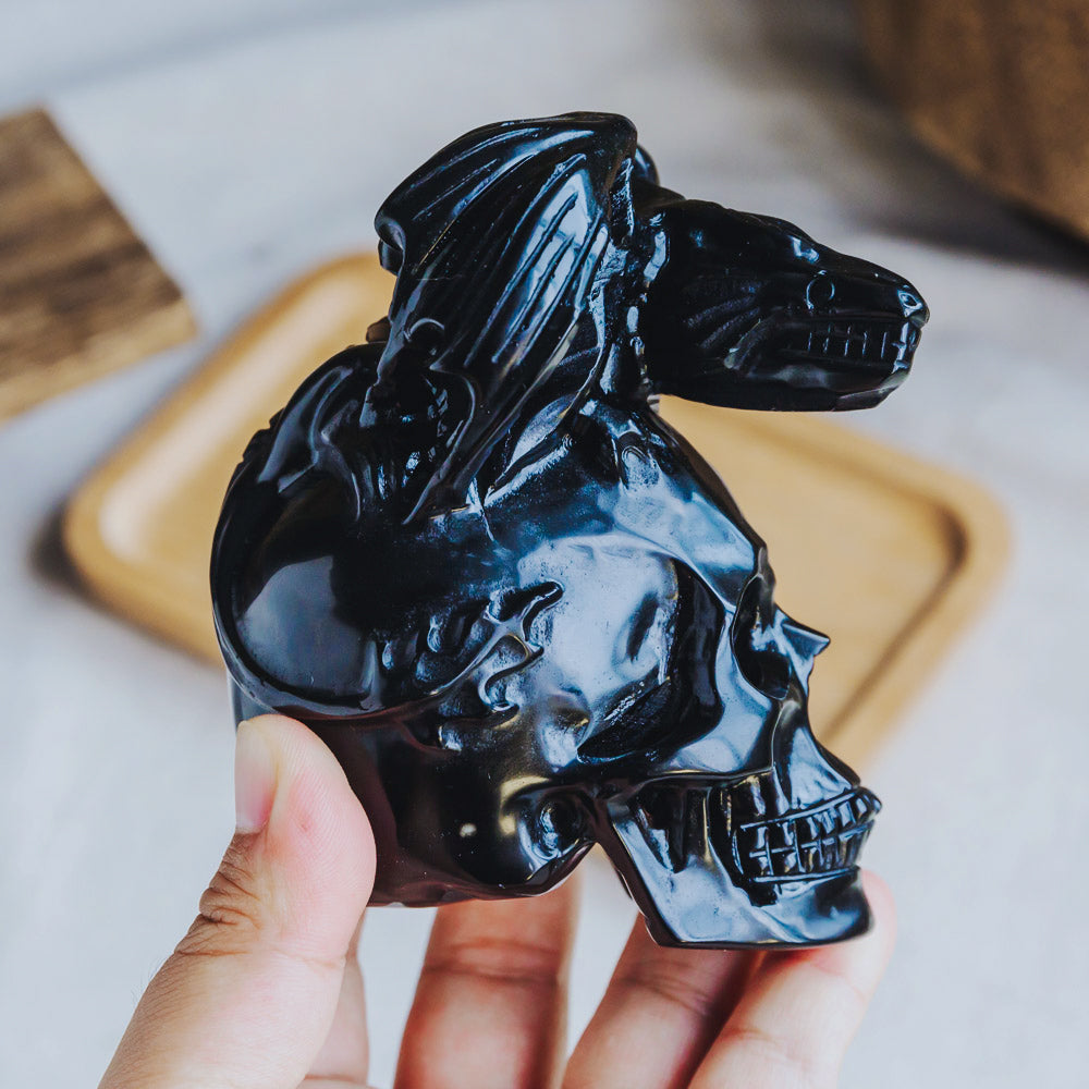 Reikistal Black Obsidian Skull With Flying Dragon