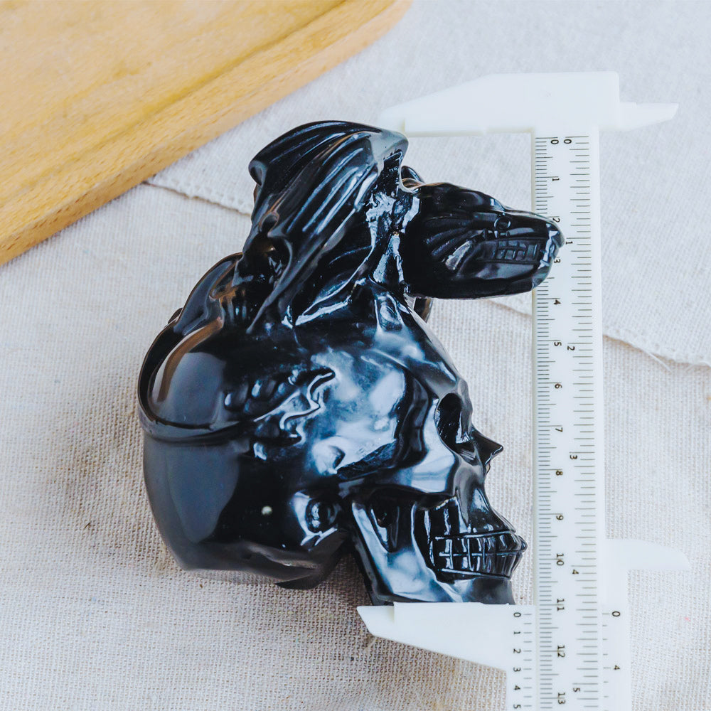 Reikistal Black Obsidian Skull With Flying Dragon